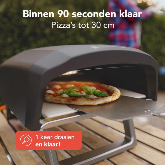 KitchenBrothers Pizzaofen - Gas - Tischplatte - faltbar - Pizzastein - Doppelbrenner - Outdoor-Pizzaofen - schwarz/grau - Vatertagsgeschenk