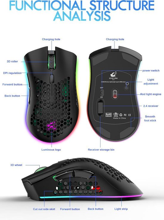 ZIYOU LANG X3 Wireless Gaming Maus - RGB-Waben-Gaming-Maus - Gaming-Maus - Schwarz