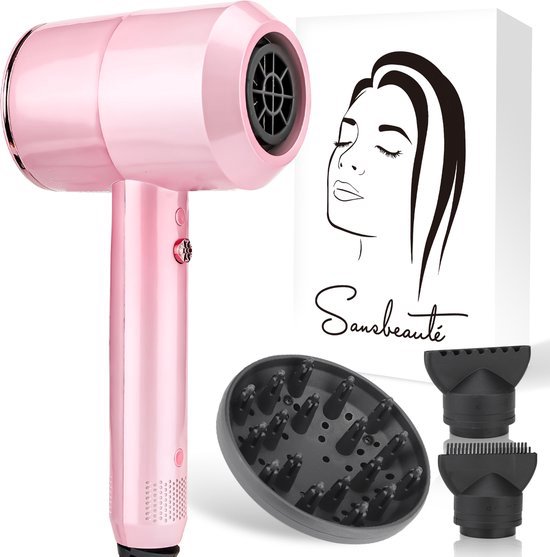 Sansbeauté® Haartrockner mit Diffusor - Ionen-Haartrockner - Bürste - Reise-Haartrockner - 3 Aufsätze - Locken - Coolshot - 3 Stufen - Haartrockner mit Diffusor - Haartrockner - 2000W - Pink