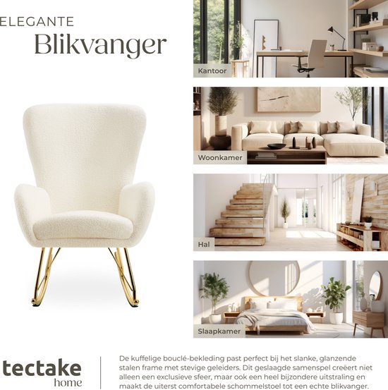 tectake® Swing Schaukelstuhl - gepolsterter Bouclé-Sessel mit Stahlgleitern und extra dickem Sitzkissen - skandinavisches Design, pflegeleicht und ergonomisch - creme/gold