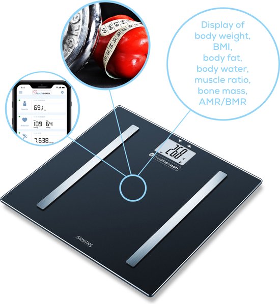 Sanitas SBF 72 Bluetooth®-Personenwaage – Körperanalyse – Kostenlose HealthCoach-App – 8 Benutzerspeicherplätze mit Erkennung – Bis zu 180 kg – Automatische Abschaltung – Inkl. Batterie – 3 Jahre Garantie