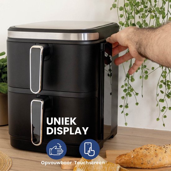 Nexxt - Double Stacked Airfryer - 11 l Fassungsvermögen - Schwarz & Edelstahl - 12 Garprogramme - Stacked Modell - Platzsparend & Doppelschublade