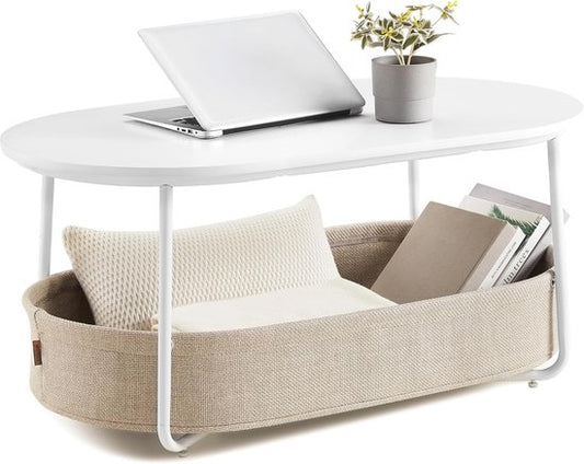 Furnstar - Couchtisch oval - Tisch mit Ablage - Beistelltisch - Wohnzimmertisch mit Stoffkorb - Modernes Design - Metallgestell - Mattweiß Kamelbraun