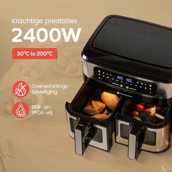 KitchenBrothers Double Airfryer - 2400W - Dual Zone - 9L - Heißluftfritteuse - Airfryer XXL - 2 x 4.5L - 10 Kochprogramme - Edelstahl/Schwarz