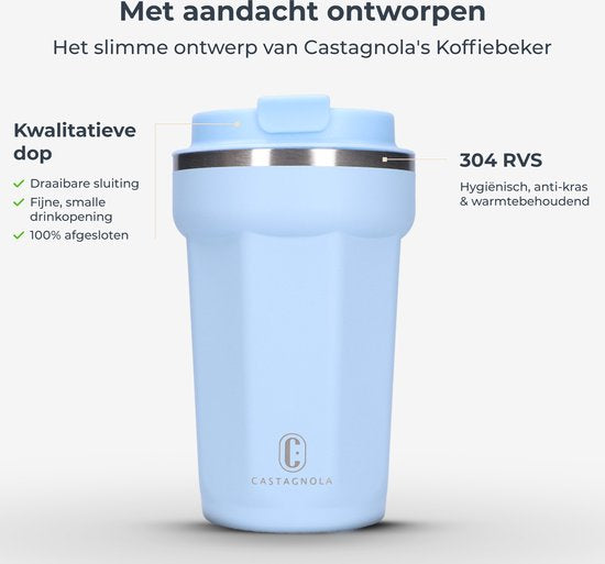 Castagnola Thermos Cup - Kaffeebecher To Go - Reisebecher für Kaffee und Tee - Teebecher - 380 ML - Edelstahl - Hellblau - Octagon