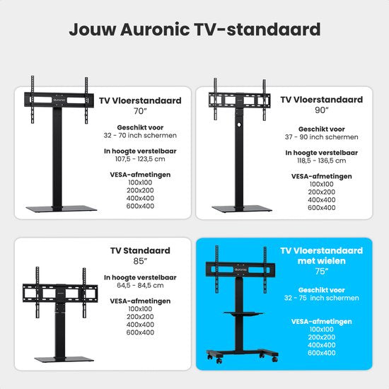 Auronic TV Stand - TV-Fuß - Mobil - Drehbar - Verstellbar - Neigbar - Räder mit Bremse - 32 bis 75 Zoll - Schwarz