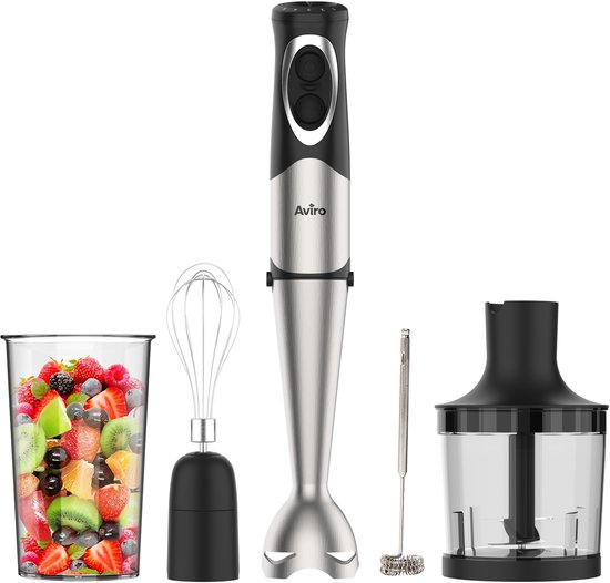 Aviro 6-in-1 Stabmixer-Set - 1000W - 20 Geschwindigkeiten - Zerkleinerer, Milchaufschäumer, Schneebesen & Messbecher - Edelstahl