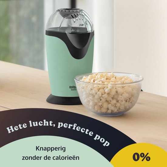 JAP Appliances Happy Pops - Retro-Popcornmaschine (2-3 Personen) - 1200W - Inklusive Mess- und Butterschmelzlöffel - Fertig in 3 Minuten - Ölfrei - Grün