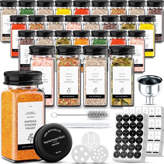Organess 28 Glasgewürzdosen quadratisch mit schwarzem Deckel - 3 Arten von Streudeckeln - Gewürzstreuer - Gewürzdosen - Komplettset inkl. Gewürzsticker, Kreidestift und Zubehör - 120ml