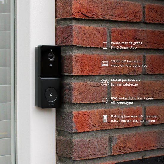 FlinQ Smart Doorbell - Türklingel drahtlos - Türklingel mit Kamera - inkl. Gong - 1080P HD - Schwarz