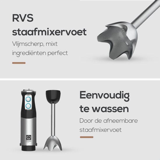 KitchenLove Stabmixer - 800W - 6 Geschwindigkeiten + Turbo - Schwarz/RVS