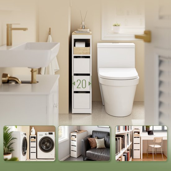 SoBuy Toilettenschrank 20 cm, Badezimmerschrank mit 3 Schubladen, kleiner Toilettenpapierschrank, mobiles Regal für Bad, WC und Küche, weiß, 60 x 20 x 82,3 cm