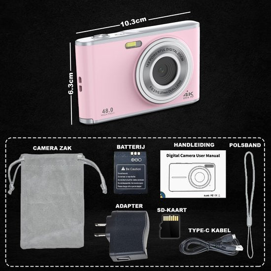 K&L Digitalkamera 4K - Fotokamera - Fotokamera - Kompaktkamera - Vlog-Kamera - Für Kinder - Inklusive 64GB - NL Software - Pink