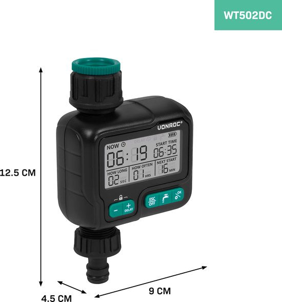 VONROC Bewässerungsuhr - Digital - Automatisch - Intervall und Dauer einstellbar: 1h bis 15 Tage/ 1sec bis 99min - IPX5 wasserdicht