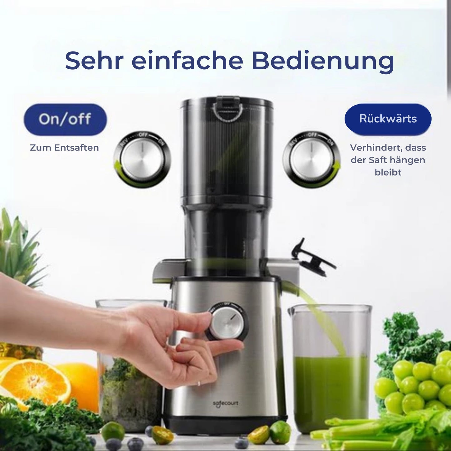 Safecourt Kitchen Entsafter - Für Obst & Gemüse - XXL Einfüllöffnung - Leistungsstarker 200W Motor