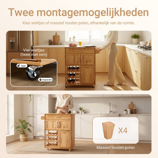 SoBuy Küchenwagen - Mit Schubladen und Weinregal - Mit Rädern und Arbeitsplatte - Kompakt - 66×38×86 cm - Naturfarbe