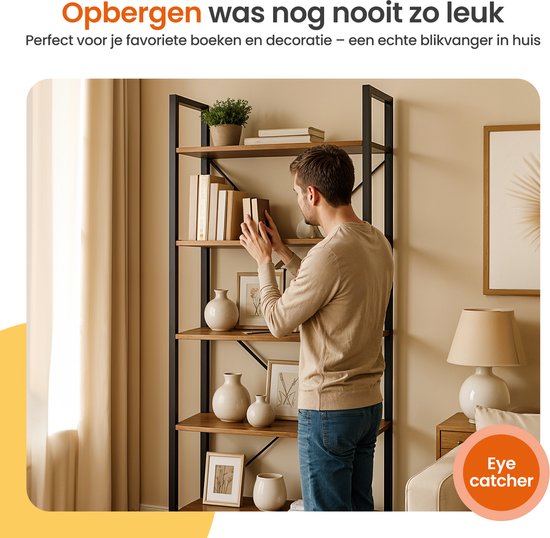 Goliving Bücherregal - 66 x 30 x 186 cm - 6 Lagen - Aufbewahrungsschrank - Wandschrank - Bücherregal - Ausstellungsschrank - Regalschrank - Wohnzimmerschrank - Industriell - Braun/Schwarz