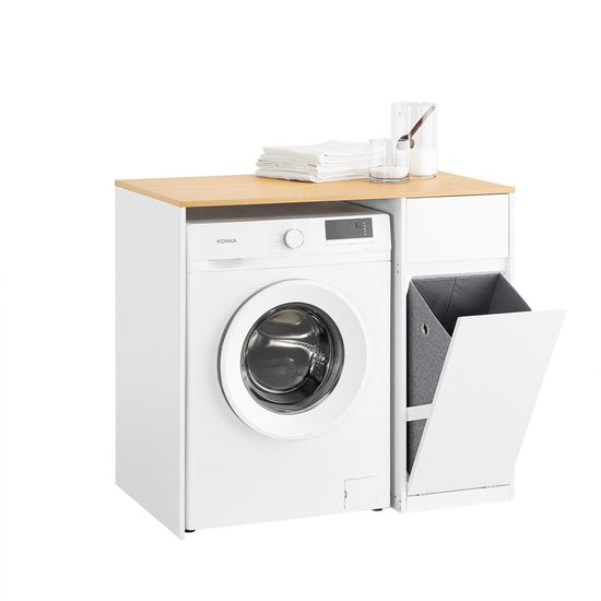 SoBuy Waschmaschinenschrank - Badschrank mit Wäschekorb und Schublade, für Waschmaschine und Wäschetrockner, Waschmaschinenschrank aus Holz, weiß, 100 x 60 x 90 cm, BZR217-WN
