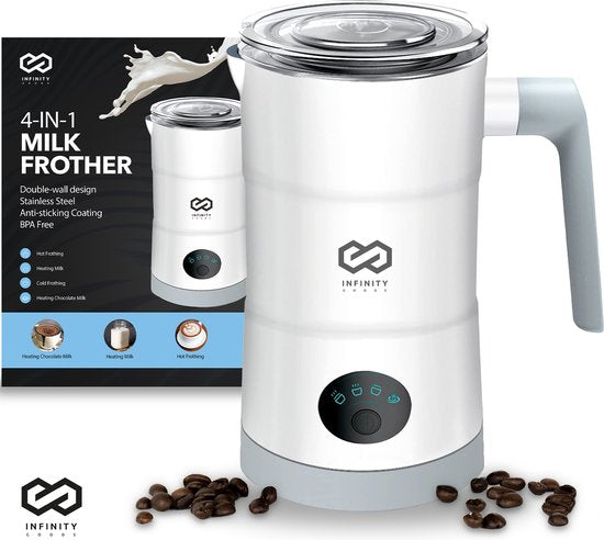 Infinity Goods 4-in-1 Elektrischer Milchaufschäumer - 350 ml - Aufschäumen und Erhitzen - Cappuccino - Spülmaschinenfest - Weiß
