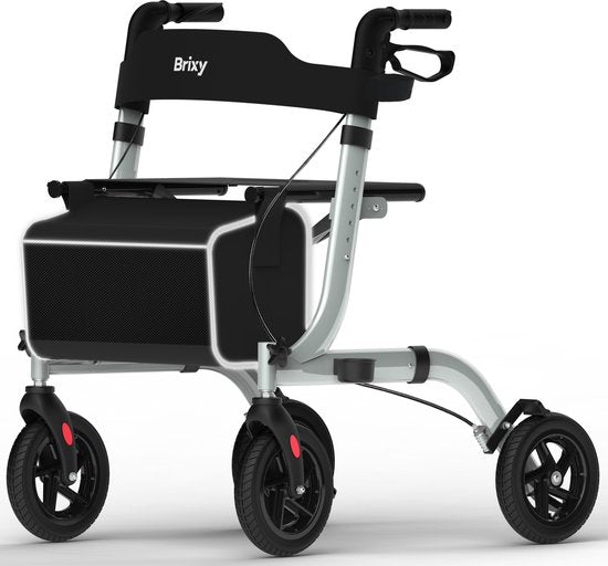 Brixy Rollator - leicht und faltbar - Sitzfunktion - Rückenlehne, Tasche und Gehstockhalterung - Grau