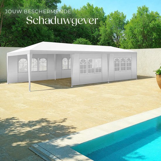 tectake® Pavillon Miramas - Partyzelt 9x3 m - Weiß - 8 abnehmbare Seitenteile - UV- und wasserbeständiger Gartenpavillon - Inklusive Spannleinen und Heringe - Vordach
