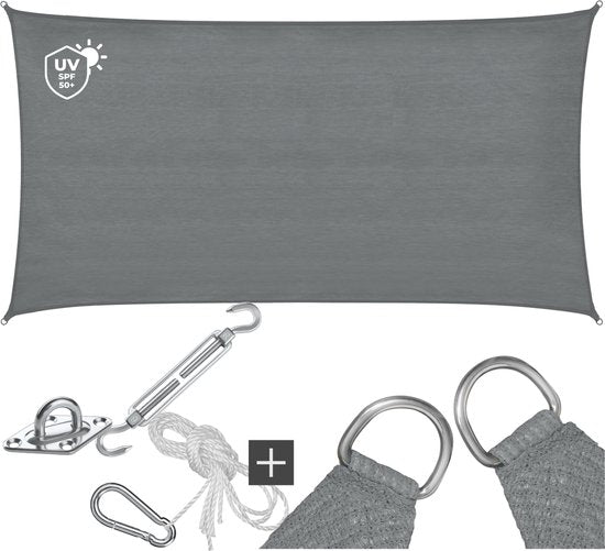 tectake® Rechteckiges Schattentuch Sunny - 2 x 4 m - Extra stabiles 185 g/m² HDPE-Sonnenschutztuch - 50+ UV-Schutz - wetterfest und reißfest - Sonnenschutz für Garten, Balkon, Terrasse - Sonnenschutztuch inklusive Befestigungsmaterial - Grau