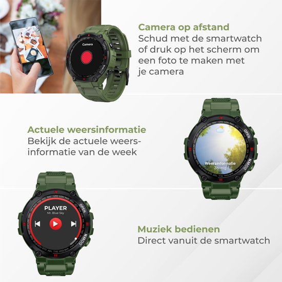 Nuvance - Outdoor Smartwatch - IP67 Wasserdicht - Bluetooth Smartwatch für Frauen und Männer - Smartwatches - Sportuhr mit Schrittzähler, Kalorienzähler, Schlafmesser - Geeignet für alle Smartphones - Grün