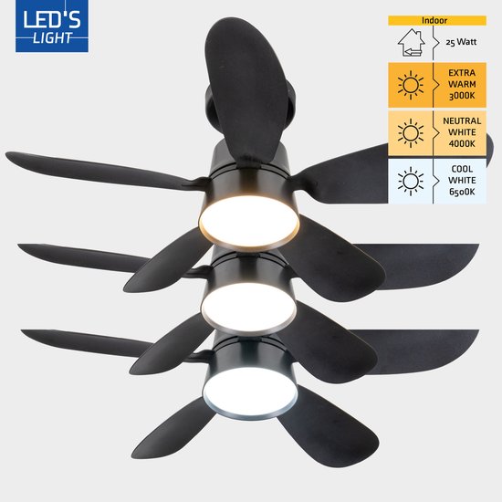 LED's Light – Schwarzer Deckenventilator mit Leuchte – Ø 53 cm – Einstellbare Lichtfarbe – 25 W, 1100 lm, 3000 K/6500 K – Deckenleuchten mit Ventilator und Leuchte