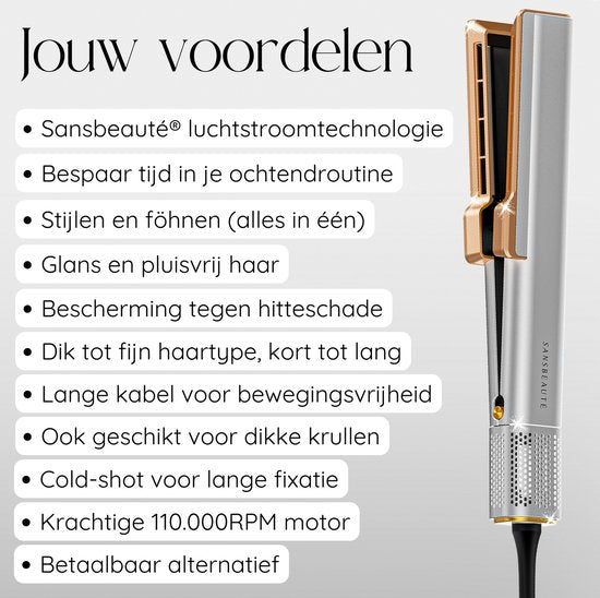 Sansbeauté Sanstraight Glätteisen - 2-in-1 Airstraight - inkl. Haartrockner - 80℃ bis 140℃ - Weiß/Gold