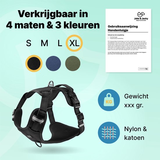 Jake & Jacky Hundegeschirr - Anti-Zug - Y-Form - Reflektierend - Verstellbar - Schwarz - XL