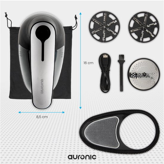 Auronic Elektrischer Fusselentferner - Schnurloser Entfussler - Akkulaufzeit 60 Minuten - Fusselentferner - 2 Extra-Aufsätze - Grau