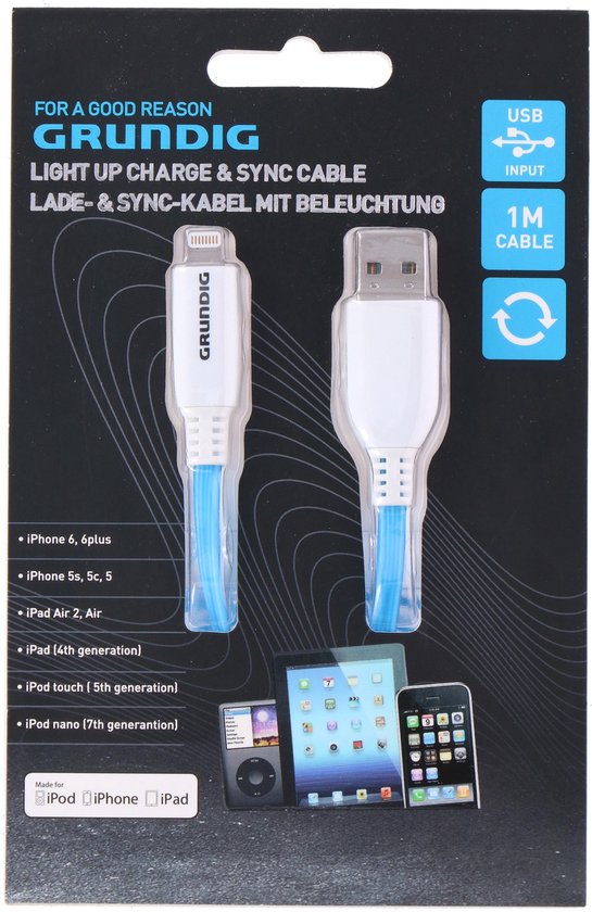 Grundig Lade- und Synchronisationskabel - USB-A zu Lightning - Kompatibel mit iPhone und iPad - Weiß/Blau