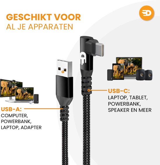 Drivv. USB-auf-USB-C-Kabel - Haken - USB-C-Daten- und Ladekabel - Schnellladung / Schnellladegerät - 3 Meter - Geeignet für Samsung, iPhone 15 und mehr - Schwarz