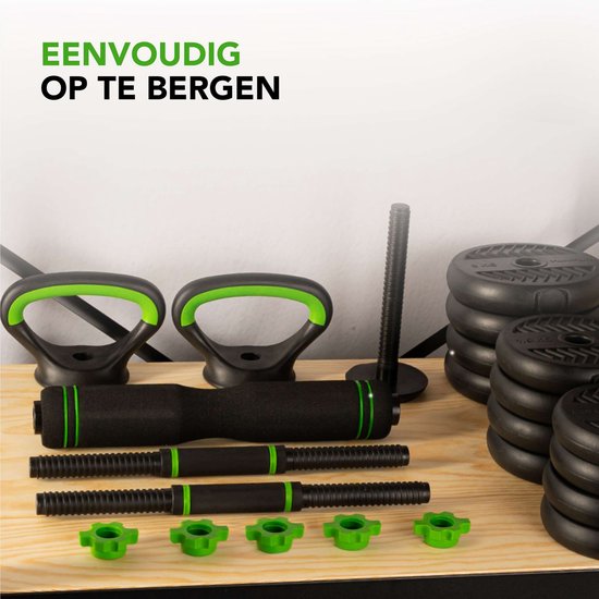 Tunturi Kurzhantelset und Kurzhanteln Vinyl 20 kg - Hantelset mit Kettlebell und Langhantel - Liegestützstützen - Schraubverschluss 30 mm - Anti-Rutsch-Griff