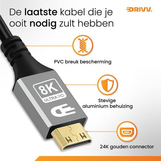 Drivv. Premium Mini HDMI zu HDMI Kabel 2.1 - 8K 60Hz / 4K 120Hz Ultra HD - 1 Meter - Grau - Geeignet für Kameras, Tablets und Laptops