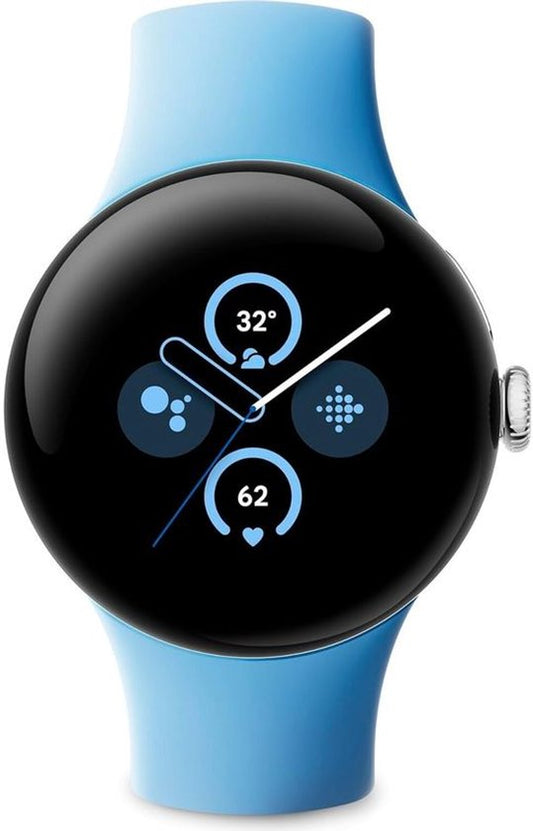 Google Pixel Watch 2 - Silbernes Gehäuse - Blaues Sportband - GPS - 5ATM - Fitbit-Funktionen - 24 Stunden Akku - AMOLED-Bildschirm