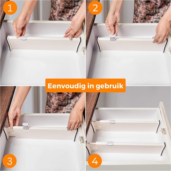 Posity Schubladenteiler - Verstellbar & ausziehbar - 4 Stück - Schubladenorganisation - 28-43,5 cm - Für Küche, Schlafzimmer & Kleidung - Kunststoff - Weiß