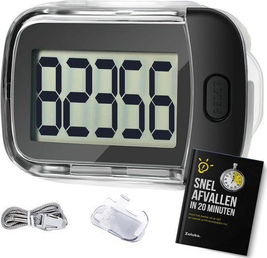 Zoluko Schrittzähler - Inkl. Batterie, Trageclip, Tragekordel und E-Book - 3D-Technologie - Großer Bildschirm - Hosentaschen-Schrittzähler - Schrittzähler - Activity Tracker - Activity Tracker - Schrittzähler Clip - Schrittzähler - Schwarz