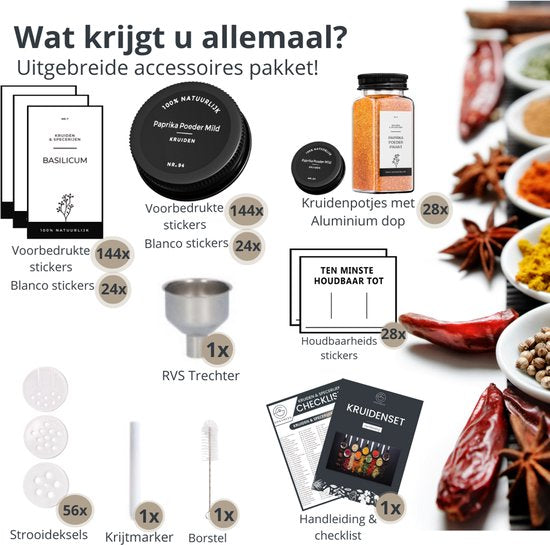 Organess 28 Glasgewürzdosen quadratisch mit schwarzem Deckel - 3 Arten von Streudeckeln - Gewürzstreuer - Gewürzdosen - Komplettset inkl. Gewürzsticker, Kreidestift und Zubehör - 120ml