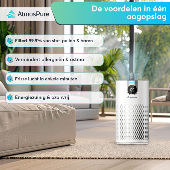 AtmosPure® CleanAir Luftreiniger - Luftreiniger mit austauschbarem HEPA 13 + Kohlefilter - CADR 250 m³/h - Weiß - Für 97 m² - Wirkt gegen Staubmilben, Heuschnupfen, Allergien, -3 Modi + stiller Schlafmodus - Luftqualitätssensor