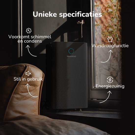 Bloomfold - BF003 Luftentfeuchter - 12L pro Tag - Wash-Dry Funktion - 2L Reservoir - 38 dB leise - Timer & Kindersicherung - Schwarz