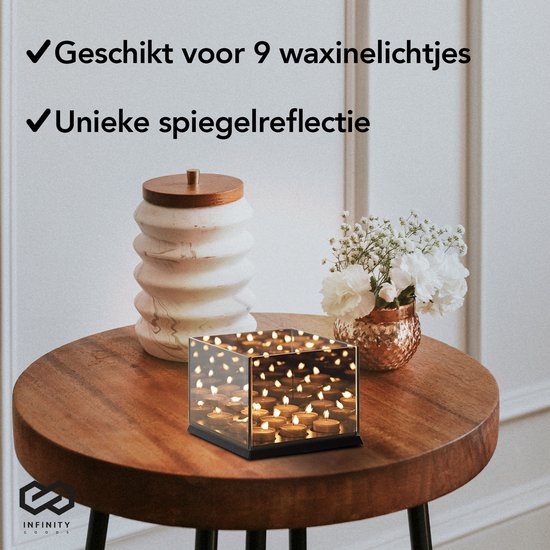 Infinity Goods Teelichthalter - Teelichthalter - 9 Teelichter - Reflektierendes Spiegelglas - Kerzenständer - Schwarz