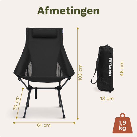 TRVLMORE Campingstuhl - klappbar - 120KG Tragkraft - inkl. Tragetasche - Klappstuhl - Angelstuhl - Campingstuhl - Klappstuhl - Schwarz