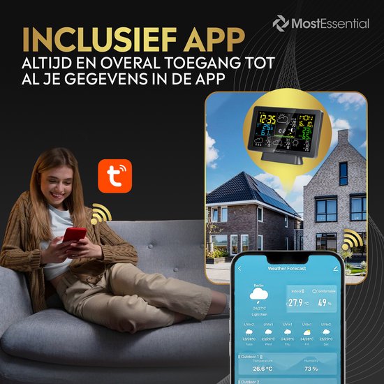 MostEssential Wetterstation Wifi Edition - Drahtlose Wetterstation mit Außensensor - Hygrometer - Innen und Außen - 150 Meter Reichweite - Inklusive App - Schwarz - 2 Sensoren