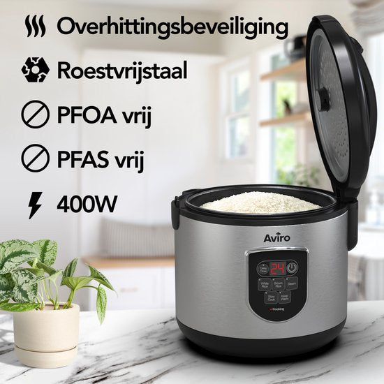 Aviro Reiskocher - Slowcooker - 1,2L - 7 Funktionen - Warmhaltefunktion - Reiskocher - Antihaftbeschichtung - Multicooker - 2-6 Personen - Edelstahl