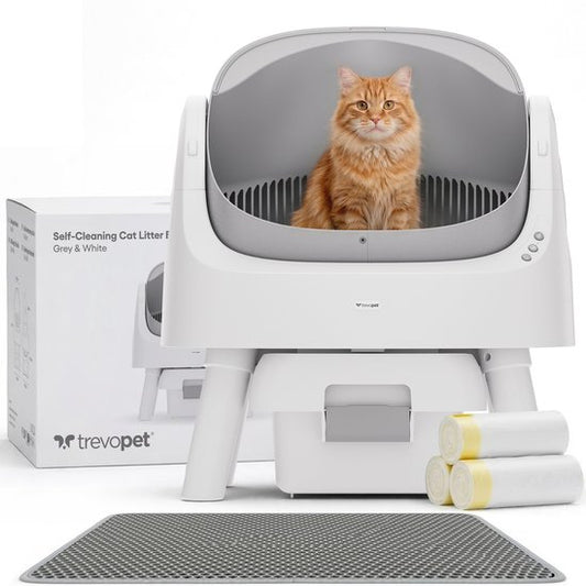 TrevoPet® Automatisches Katzenklo - Selbstreinigend & Sicher - Für Katzen bis zu 12KG - Inkl. Matte, 60 Abfallbeutel & Zubehör - 10L Abfallbehälter - Weiß & Grau