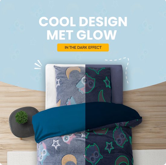 Sleeptime Glow in the dark Night Owl Bettbezug - 140X200/220 + 1 x Kopfkissenbezug 60x70 - Blau