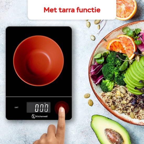 Kitchenwell Digitale Präzisions-Küchenwaage - Waage Küche - 1gr - 15kg - Tara-Funktion - USB wiederaufladbar - Schwarz