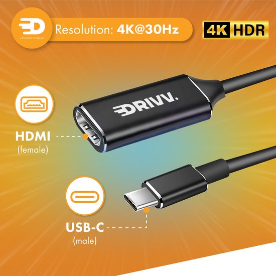 Drivv. USB C zu HDMI Adapter - Unterstützt 4K 30Hz - Konverter - Typ C zu HDMI - Thunderbolt 3 - Schwarz
