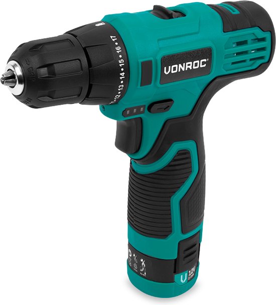 VONROC Akku-Bohrmaschine 12V - Inkl. Akku, USB-C-Kabel und 16-teiligem Bohrer- und Bit-Set